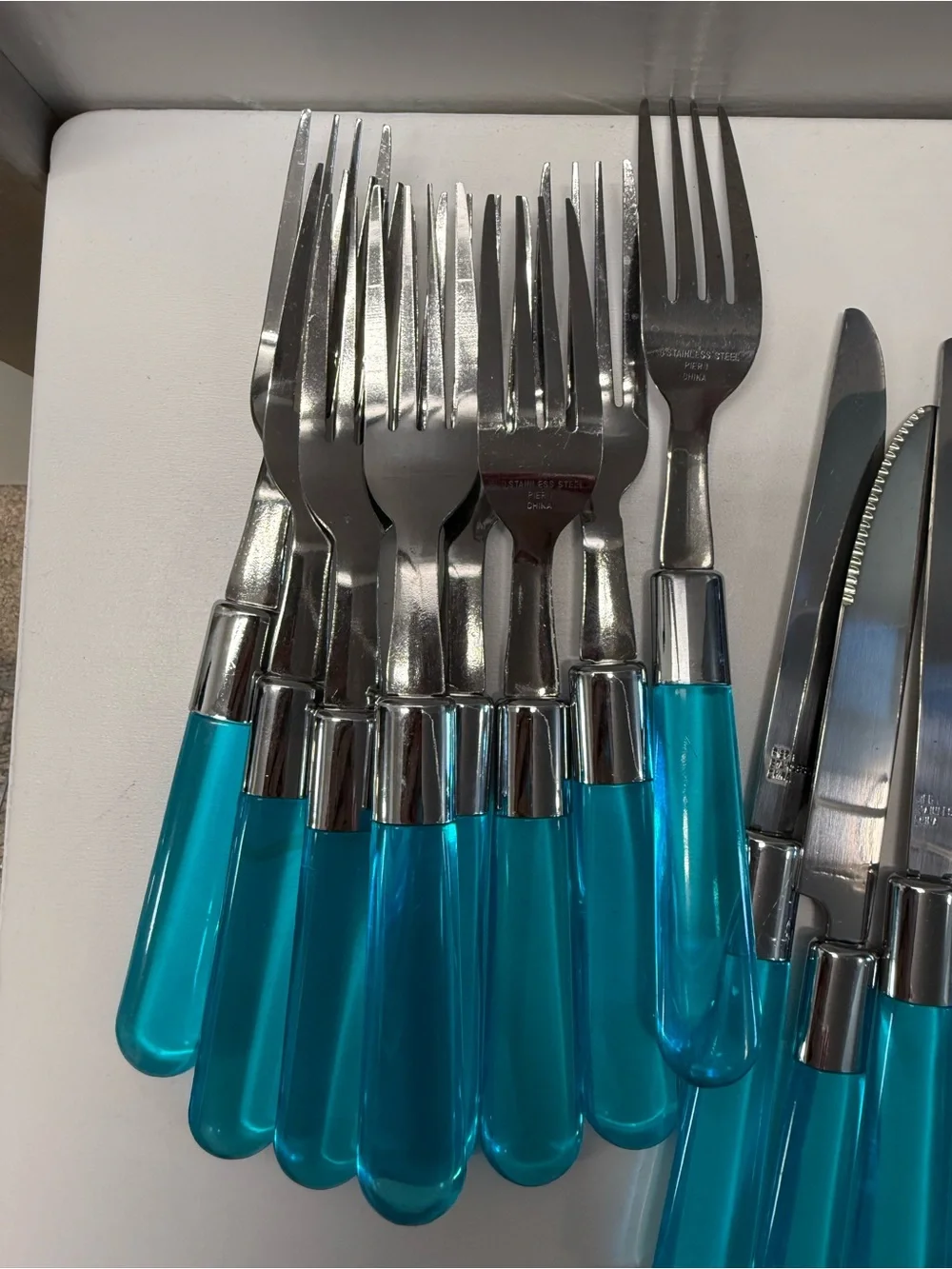 24 pieces Pier 1 Acrylic Handle Flatware Blue Transparent Spoons Knives Forks